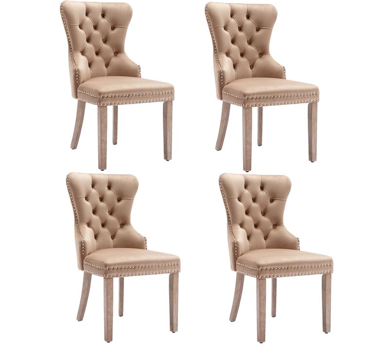 Lot 4 Chaises Velours Café Clair - Assise 53 Cm, Pieds En Bois, Anneau Décoratif Et Clous Argentés