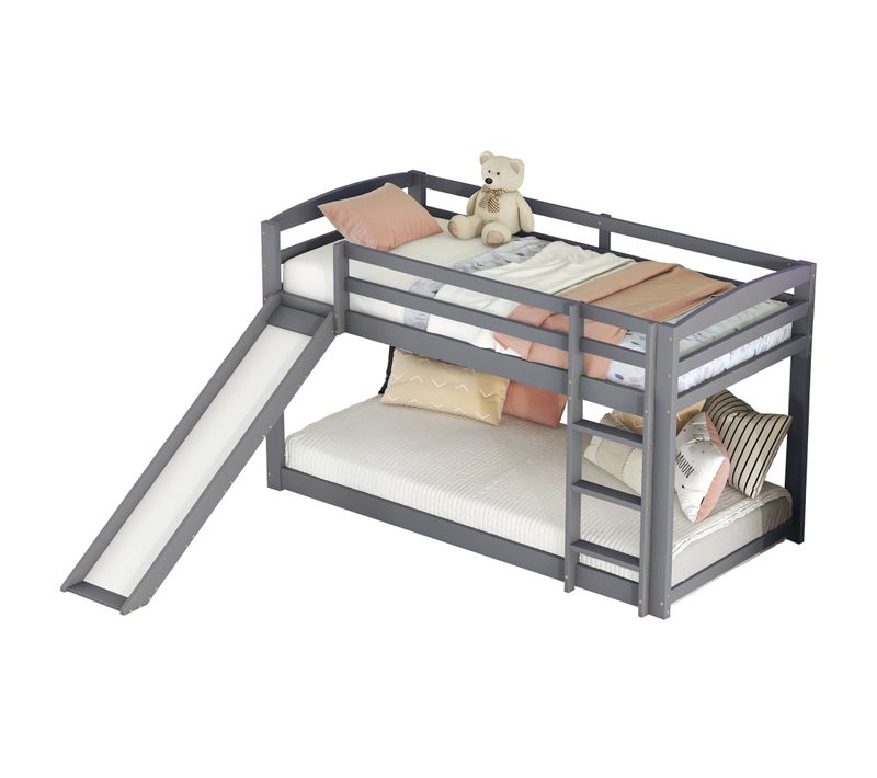 Lit Superposé Enfant 90x200 Cm En Bois De Pin Gris Avec Toboggan Et Échelle, Espace Modulable