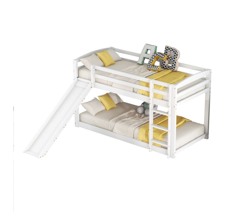 Lit Superposé Enfant 90x200 Cm Avec Toboggan Et Échelle, Pin Blanc, Espace Modulable