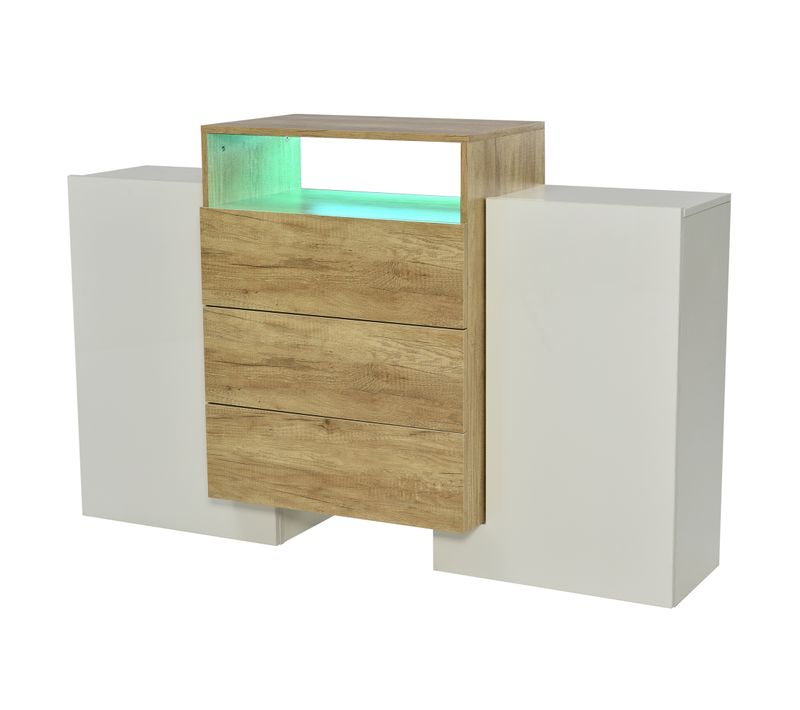 Buffet 140 Cm Blanc Brillant Et Coloris Bois Avec 3 Tiroirs, 2 Portes, LED Multicolore