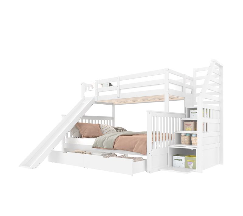 Lit Superposé Enfant 90x200/140x200 Cm, Toboggan, Escalier De Rangements, 2 Tiroirs, En Bois Blanc