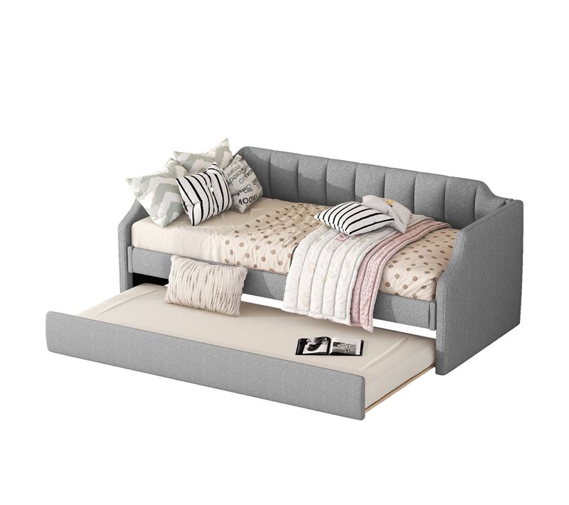 Lit Enfant 90x200 Cm En Coton-lin Gris + Lit Gigogne 90x190 Cm Avec Roulettes Et Sommiers à Lattes