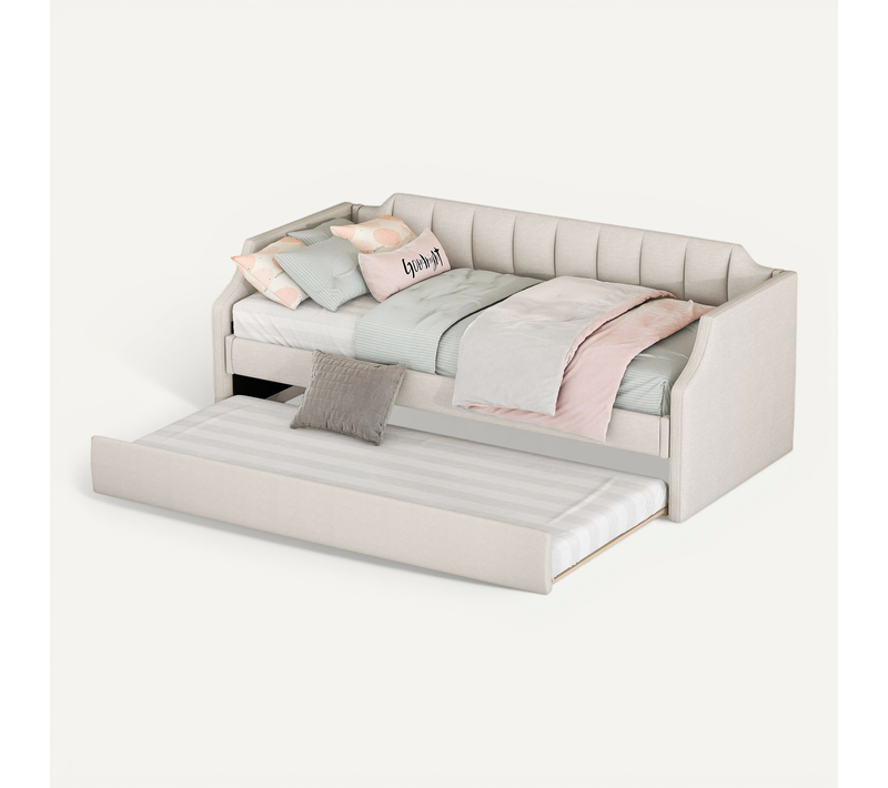 Lit Enfant 90x200 Cm En Coton-lin Beige + Lit Gigogne 90x190 Cm Avec Roulettes Et Sommiers à Lattes