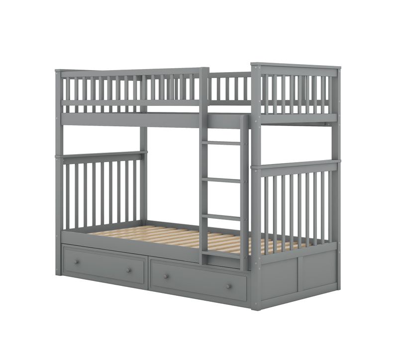 Lit Superposé Enfant 90x200 Cm Convertible En 2 Lits Pin Gris Avec 2 Tiroirs Et Sommiers à Lattes