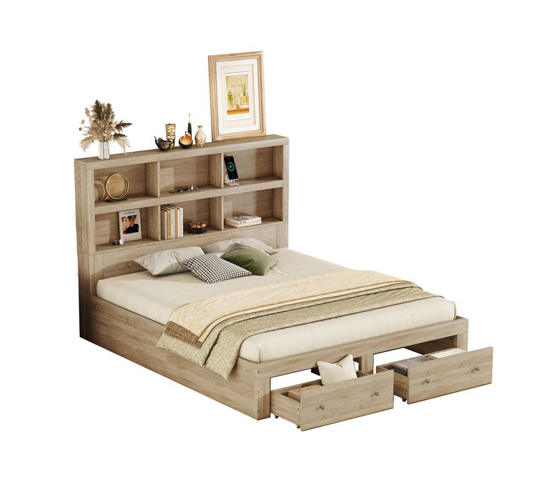 Lit Adulte 160x200 Cm Avec 2 Tiroirs Et 6 Compartiments, Port USB Intégré, Rangement, Bois Naturel