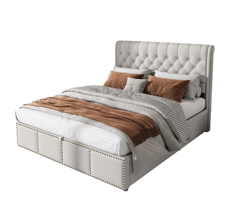 Lit Adulte 160x200 Cm Avec Coffre De Rangement, Lin Et Coton Gris Clair, Clous Décoratifs