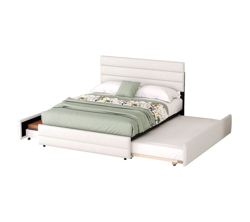 Lit Adulte 140x200 Avec Lit Gigogne Lin Beige Et 2 Tiroirs De Rangement