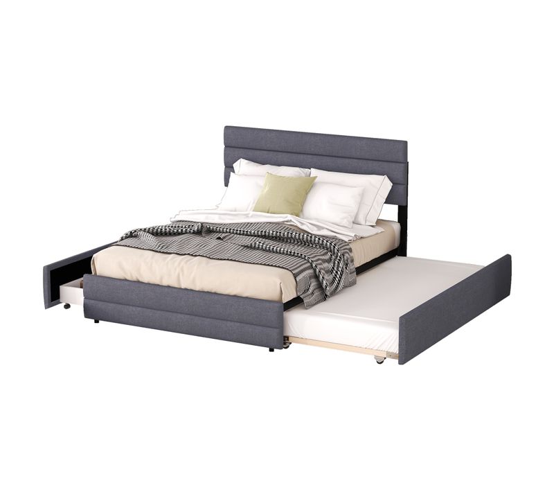 Lit 140x200cm 2 Places Avec Lit Gigogne 90x190cm Lin Gris Avec 2 Tiroirs Et Tête De Lit Réglable