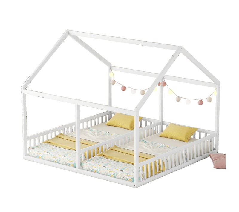 Lit Cabane Enfant 90x200 Cm 2-en-1 En Pin Blanc Avec Sommier à Lattes, 2 Couchages
