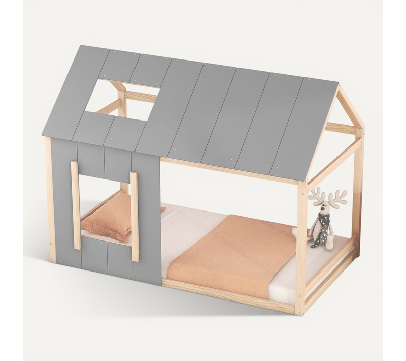 Lit Cabane Enfant 90x200 Cm En Pin Naturel Et Gris Avec Toit Et Fenêtre