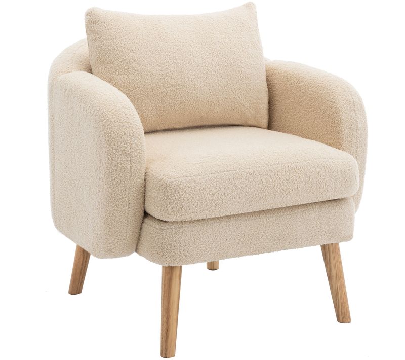 Fauteuil En Tissu Teddy Beige Avec Grand Coussin, Assise Épaisse 14 Cm, Cadre En Bois