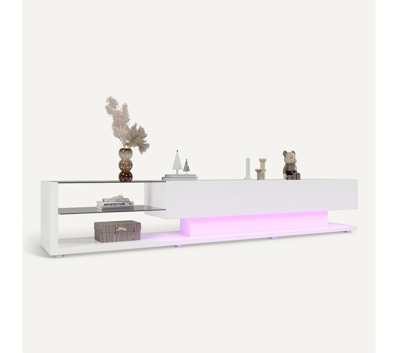 Meuble TV Blanc Laqué LED L.170 Cm Avec 2 Tiroirs, 2 Étagères En Verre Et Rangement Idéal