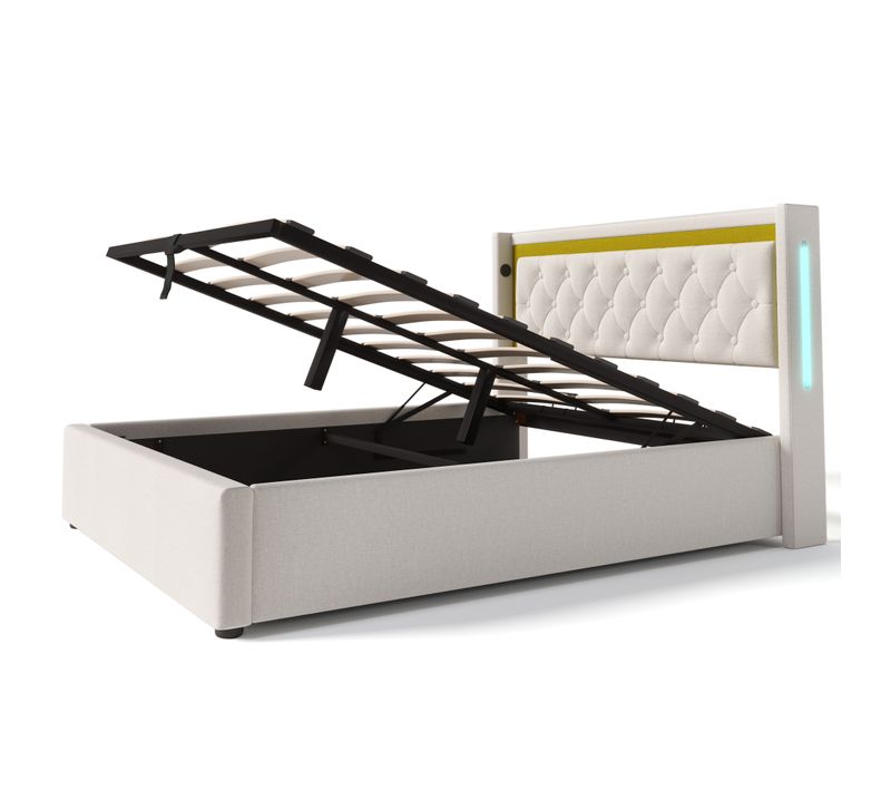 Lit Adulte 160x200 Avec Coffre, LED Et Ports USB/type-c, Tête En Coton Beige