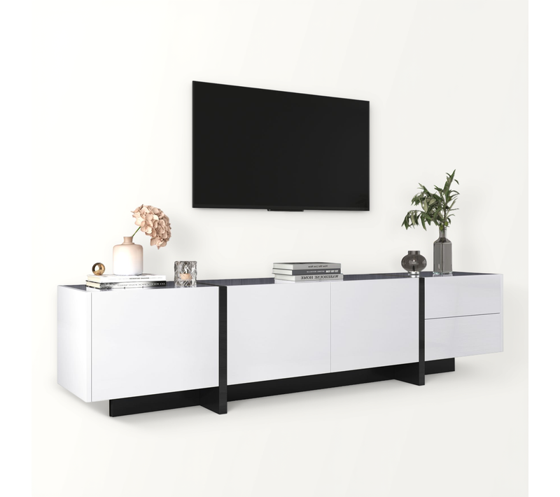 Meuble TV 190x45x35 Cm Blanc Laqué Et Noir, 3 Portes Et 2 Tiroirs, Rangement Pratique