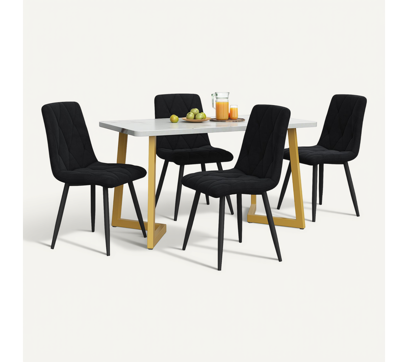 Ensemble Table à Manger 117x68 Cm Avec 4 Chaises Velours Noir, Pieds Métal Doré