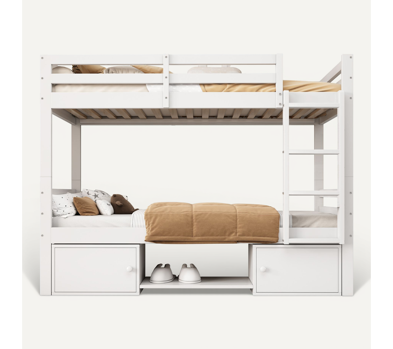 Lit Superposé Enfant 90x200 Cm Séparable En 2 Lits Simples, Bois Blanc Avec Rangements