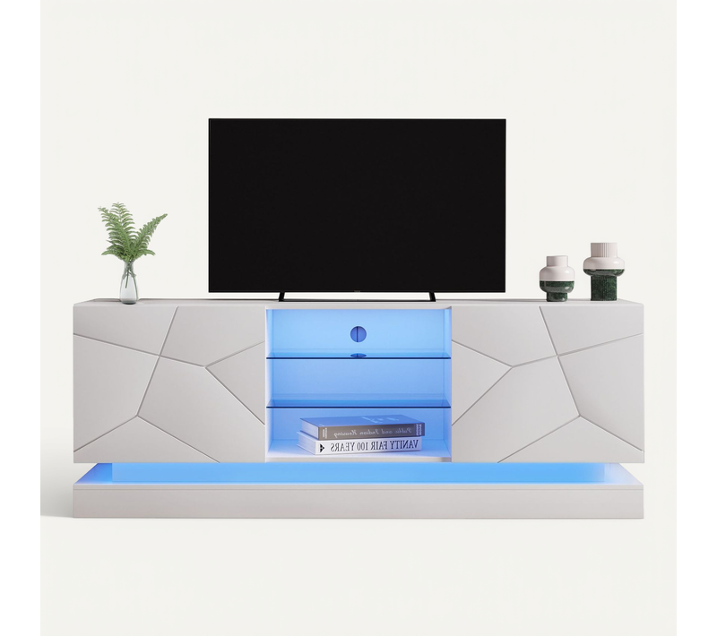 Meuble TV 1,6 M Blanc Mat LED Pour TV 70 Pouces, Étagère En Verre Réglable Et 2 Portes