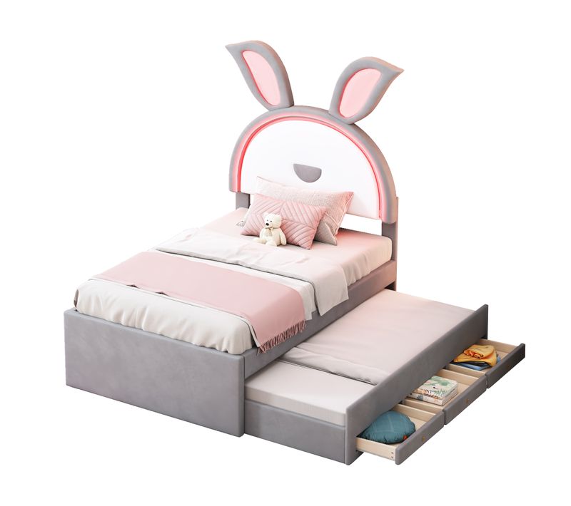 Lit Enfant LED 90x200 Cm Avec Lit Gigogne 90x190 Cm Et 3 Tiroirs, Velours Gris