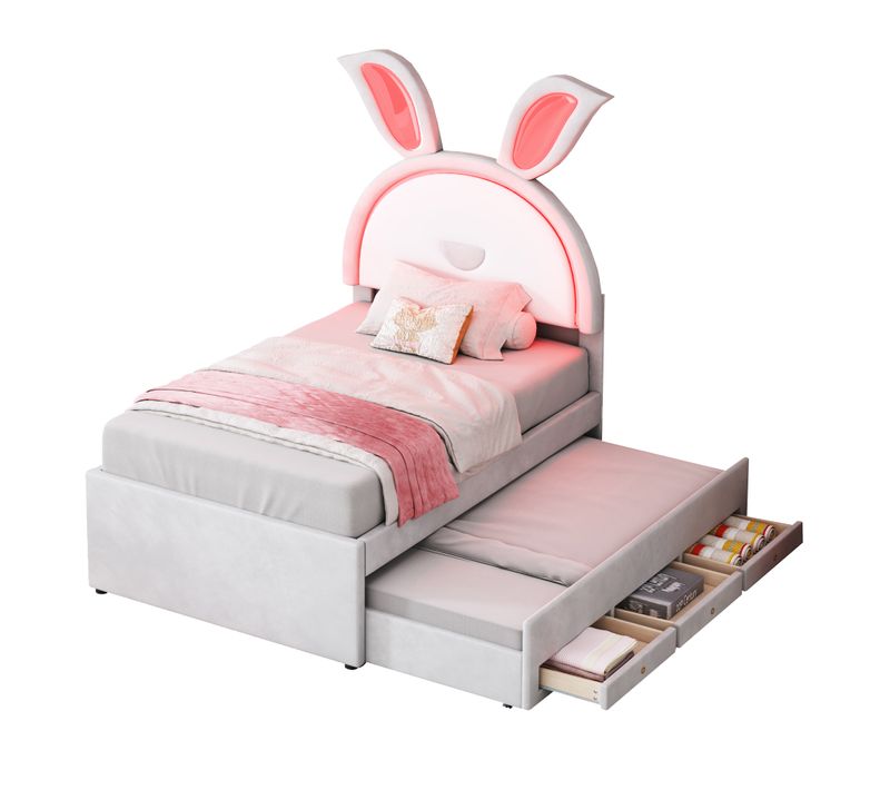 Lit Enfant LED 90x200 Cm Avec Lit Gigogne 90x190 Cm Et 3 Tiroirs, Velours Beige