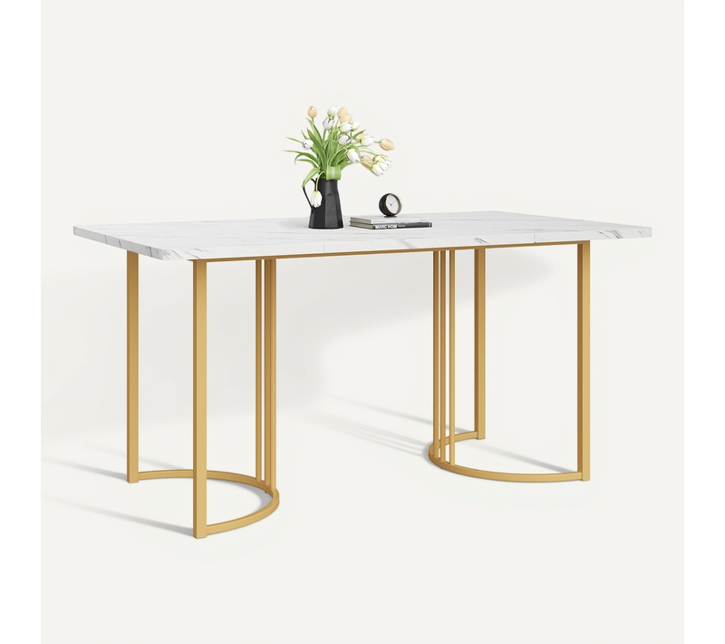 Table à Manger 140 X 80 Cm, Plateau Effet Marbre Blanc, Pieds Métal Doré, Pieds Réglables