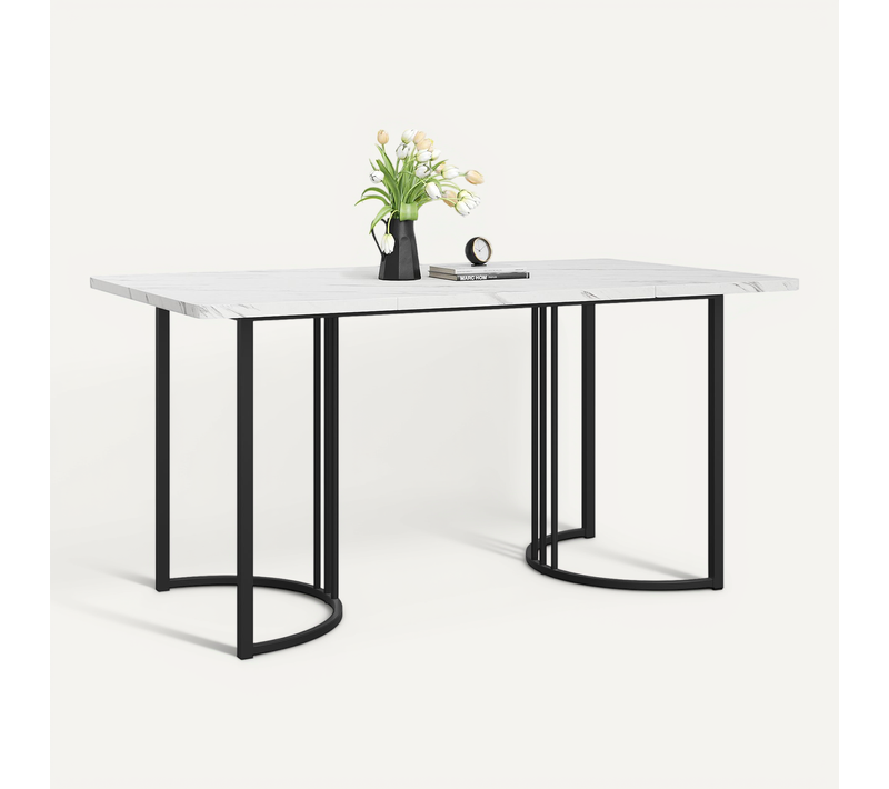Table à Manger 140 X 80 Cm, Plateau Effet Marbre Blanc, Pieds Métal Noir, Pieds Réglables