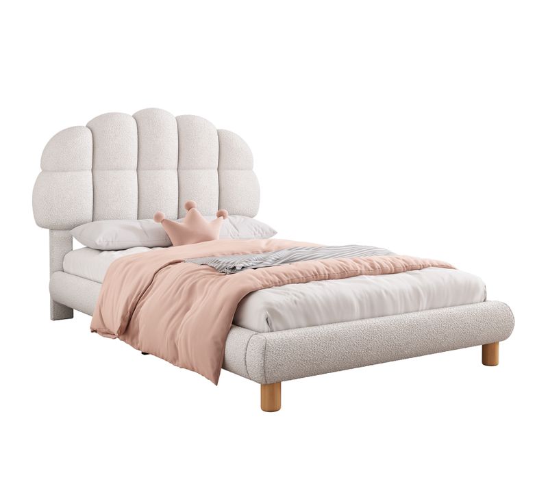 Lit Enfant 90x200 Cm Tissu Bouclé Blanc Avec Sommier à Lattes