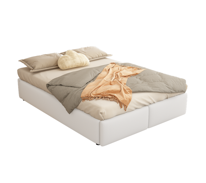 Lit Adulte Coffre 140x200 Cm En Tissu Lin Blanc, Rangement, Avec 2 Tiroirs