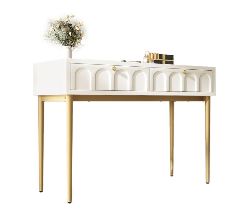 Coiffeuse, Bureau Chambre Avec 2 Tiroirs, Bois Crème Et Pieds Métal