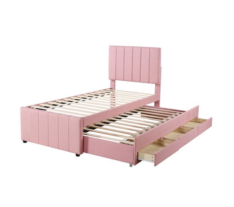 Lit Enfant Gigogne 90x200 Cm Avec 3 Tiroirs Tissu Lin Et Coton Rose, Sommiers à Lattes Et Rangement