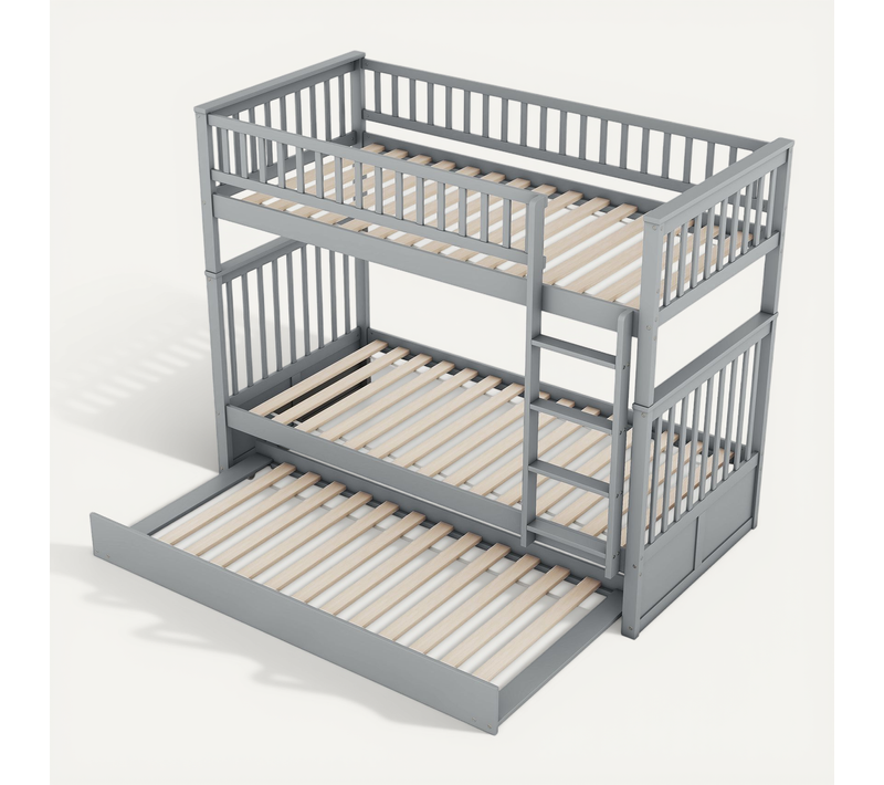 Lit Superposé Enfant 90x200 Cm Séparable Avec Lit Gigogne 90x190 Cm, Bois De Pin Gris Et Escalier