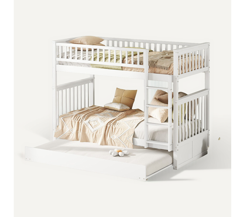Lit Superposé Enfant 90x200 Cm Séparable Avec Lit Gigogne 90x190 Cm, Bois De Pin Blanc Et Escalier