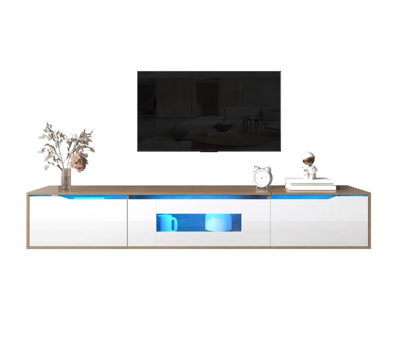 Meuble TV LED 180 X 35 X 30 Cm Blanc Laqué Et Bois, Fixation Murale Et Poser Au Sol