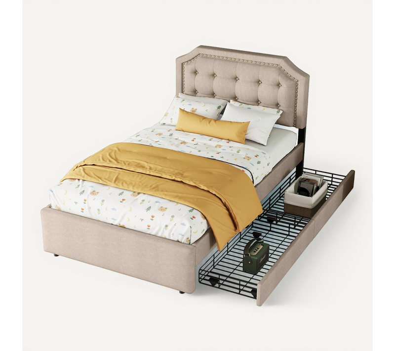 Lit Enfant 90x200 Cm Lin Beige-brun Avec 2 Tiroirs De Rangement Et Sommier à Lattes