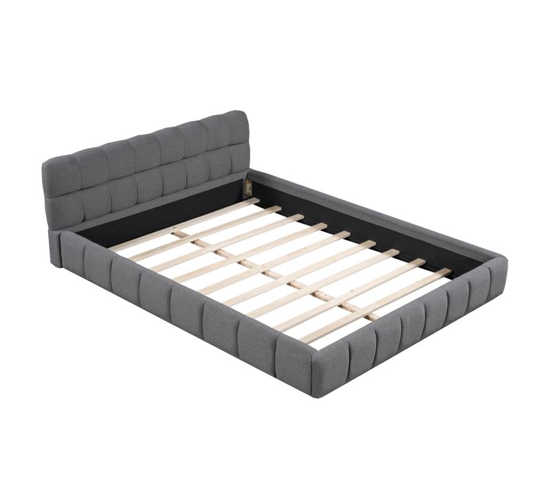 Lit Adulte 140x190 Cm 2 Places En Lin Gris Avec Sommier à Lattes Intégré