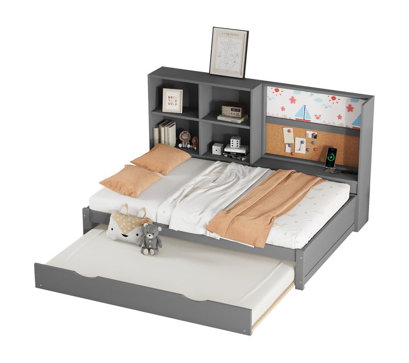 Lit Enfant Gigogne 90x200 Cm En Pin Avec Ports USB, Tableau Effaçable, Rangements Pratique, Gris