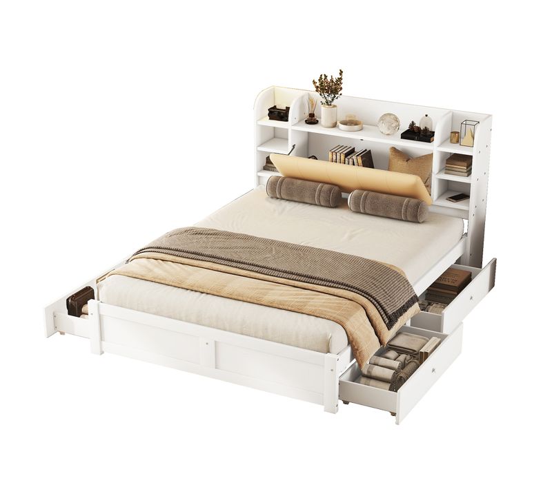 Lit Adulte 160x200 Cm En Pin Blanc Avec 4 Tiroirs Et Tête De Lit Avec Rangements