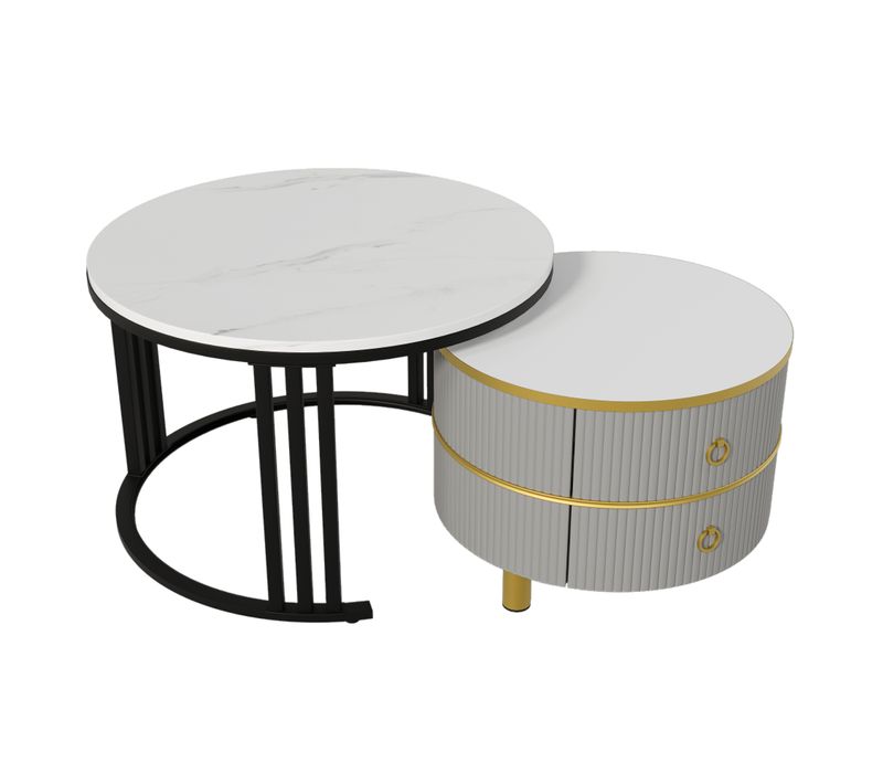 Tables Basses Gigognes Rondes 70x70x46 et 50x50x40 Cm, Plateau Marbre Blanc, 2 Tiroirs, Pieds Métal