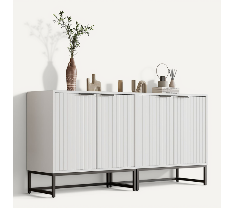 Set 2 Buffet Blanc 160x40x80 Cm, 4 Portes Et Rangements, Pieds Métal Noir