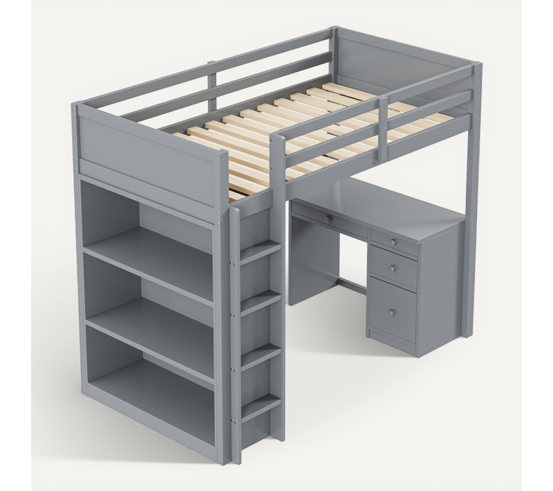 Lit Mezzanine Enfant 90x200 Cm Avec Bureau Intégré Et Rangements En Bois Gris Robuste