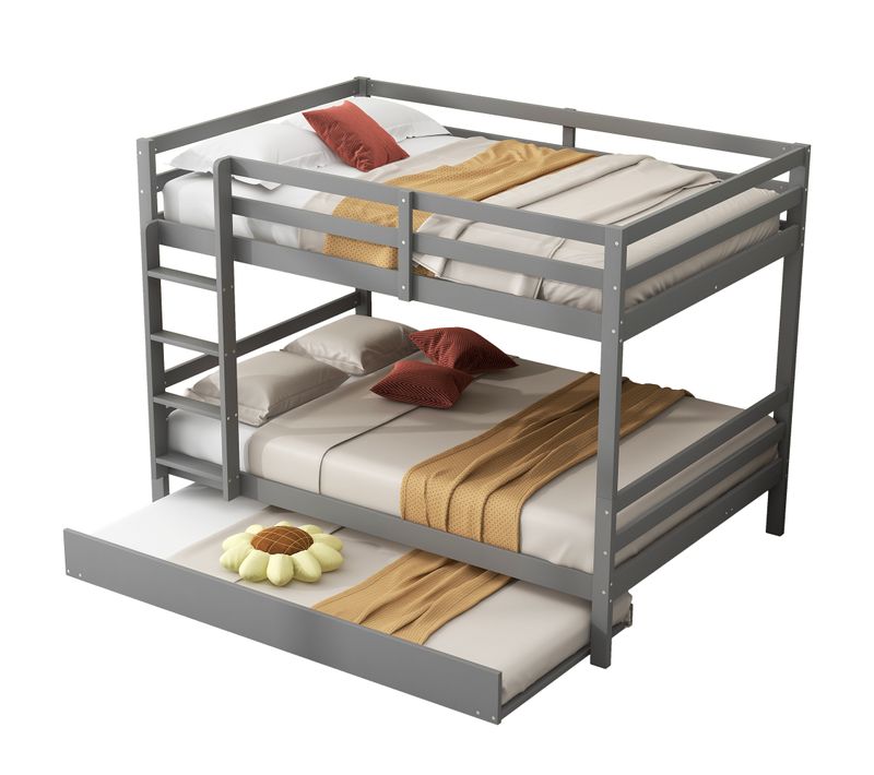 Lit Superposé 140x200 Cm Avec Lit Gigogne 90x190 Cm, Pin Gris, Escalier Stable Et Barrières Hautes