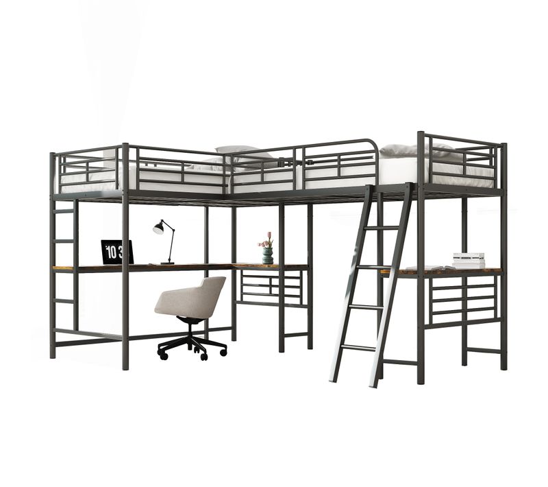 Lit Mezzanine Enfant 90x200 Cm Avec 2 Lits Simples Enfants Métal Noir, Bureau Et Escalier Double