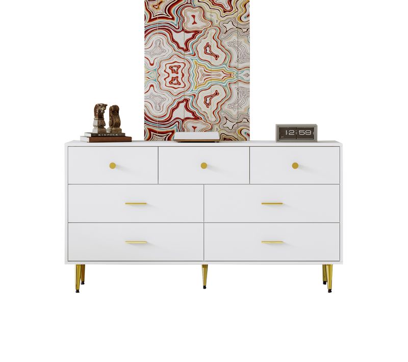 Buffet De Rangement Blanc L.140cm, Commode à 7 Tiroirs, Poignées Et Pieds Dorés, Salon/chambre