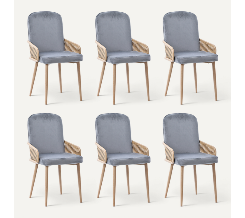 Lot De 6 Chaises Velours Design Rotin, Pieds Métal Effet Bois, Gris