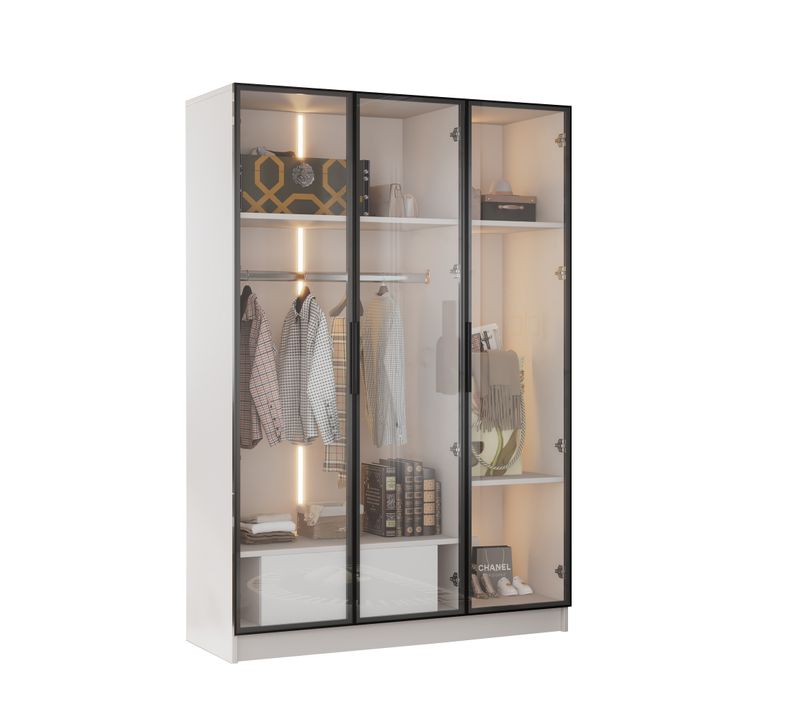 Armoire LED Blanche 110x50x160 Cm, 3 Portes Vitrées, Tiroir, Penderie, Rangement Chambre Et Salon