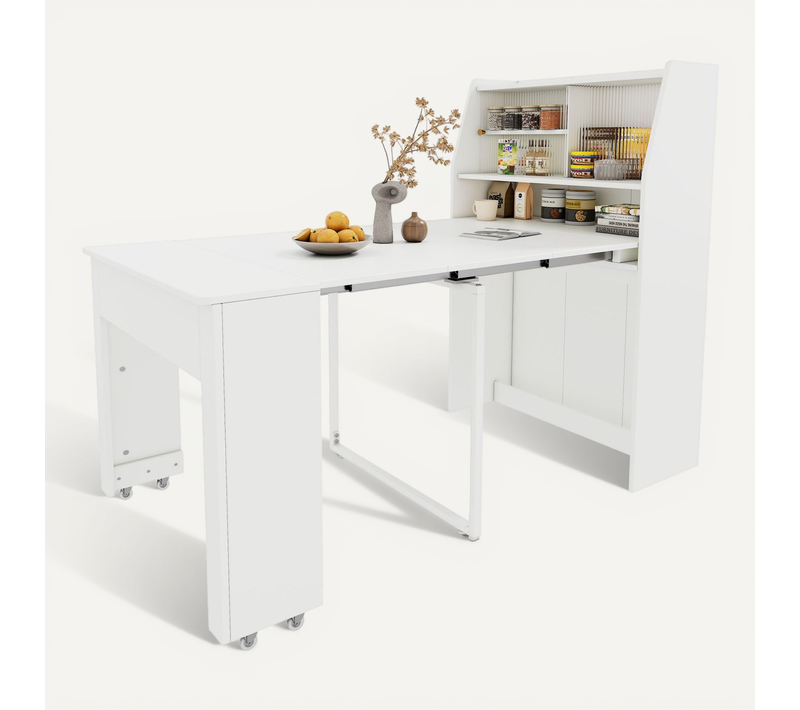 Table à Manger Extensible, Bar 52-132,5 Cm, Avec Rangements Portes En Verre, Bois Blanc Et Métal
