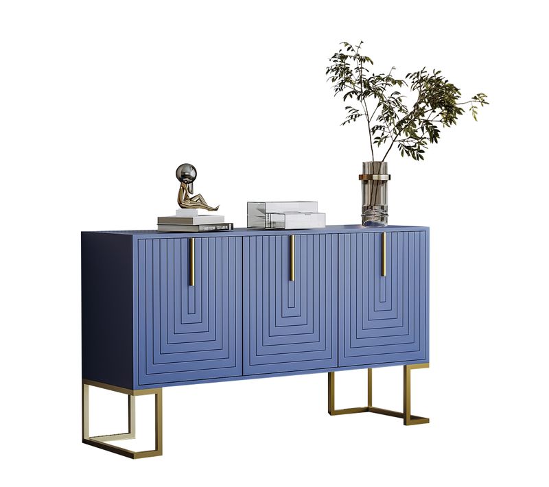 Buffet 3 Portes Bleu Marine, Étagères Réglables, Poignées Dorées Et Pied Métal, Meuble Salon/entrée