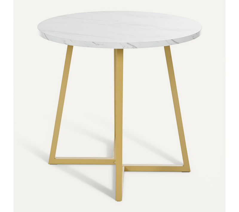 Table à Manger Ronde Ø80 Cm Blanche, Plateau Effet Marbre Et Pied Métal Doré