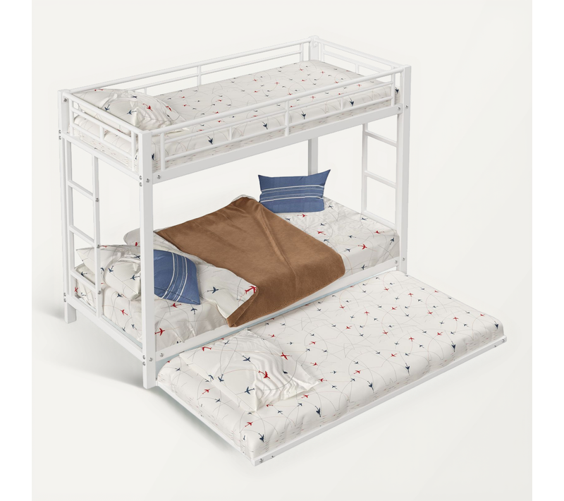 Lit Enfant Superposé 90x200 Cm Avec Lit Gigogne 90x190 Cm, Métal Blanc, Garde-corps Haut