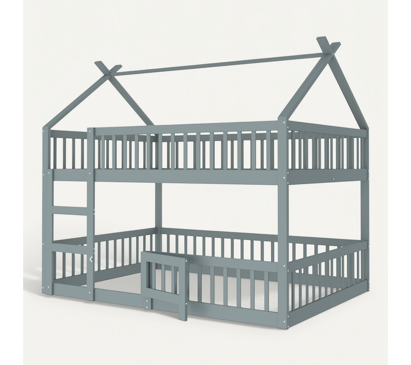 Lit Adulte Superposé 140x200 Cm En Bois Gris Avec Porte Et Escalier, Sommier à Lattes