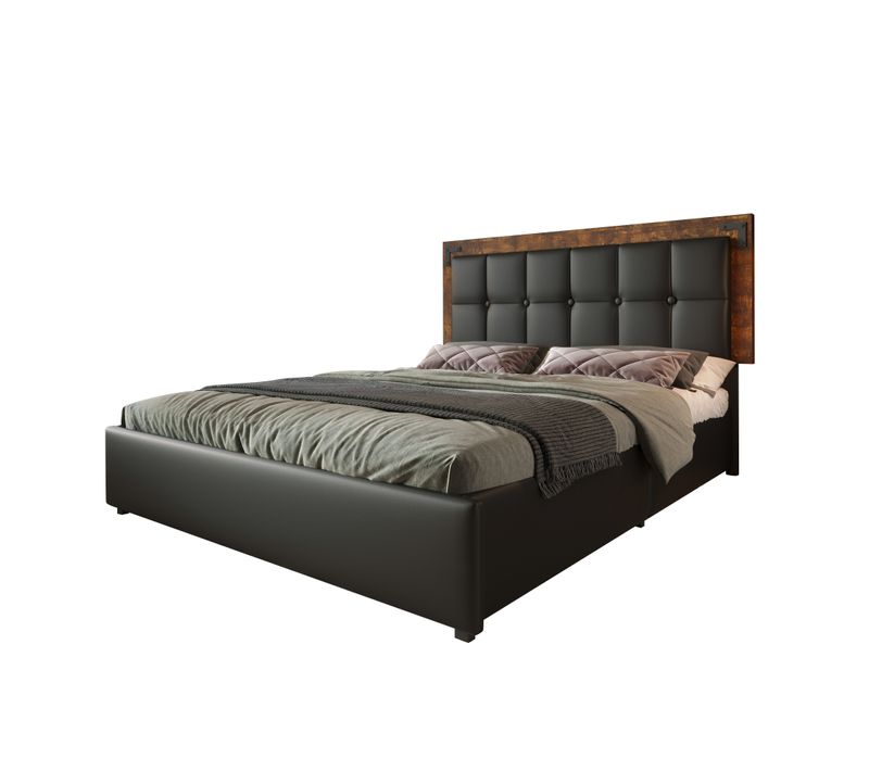 Lit Adulte 140x200 Cm En Pu Noir Avec Éclairage LED, 4 Tiroirs, Sommier à Lattes, Tête Réglable